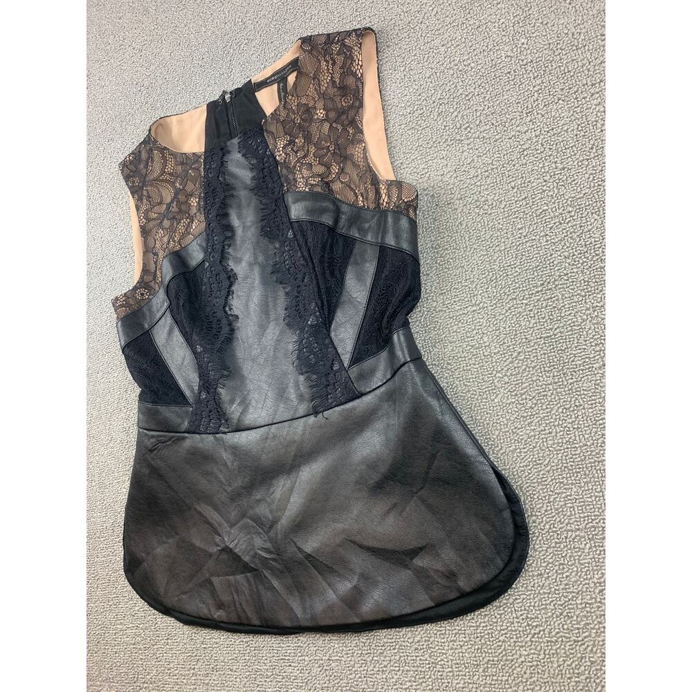 BCBGMAXAZRIA‎ Women XXS Faux Leather Black Lace Peplum Top - Picture 9 of 12